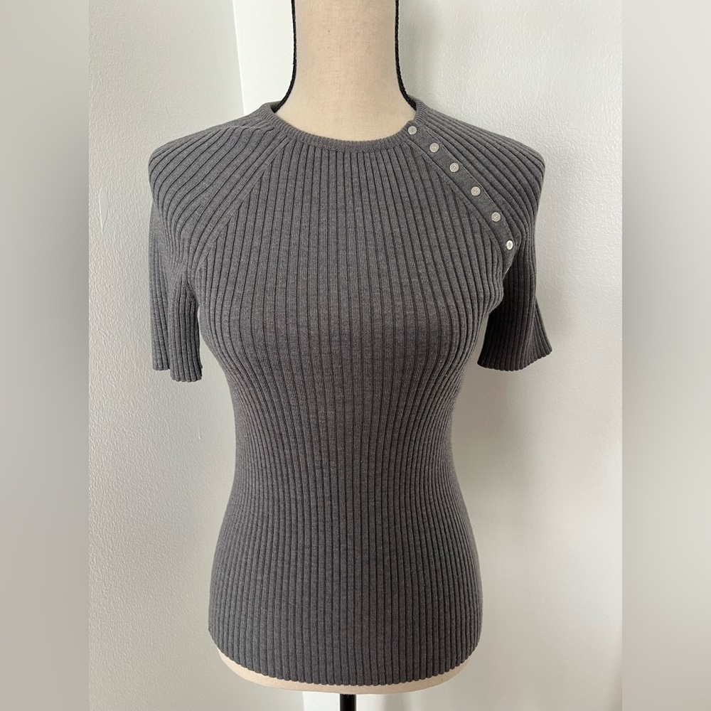 CELINE Wool & Nylon Grey Ribbed Triomphe Buttons Short Sleeve Sweater Size L